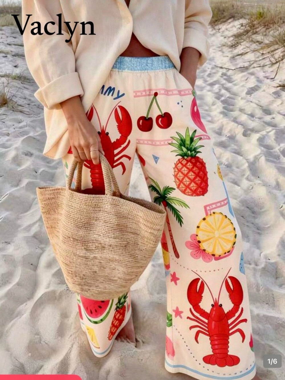 Vaclyn Tropical Fruit & Lobster Print Wide Leg Pants - Cream Base